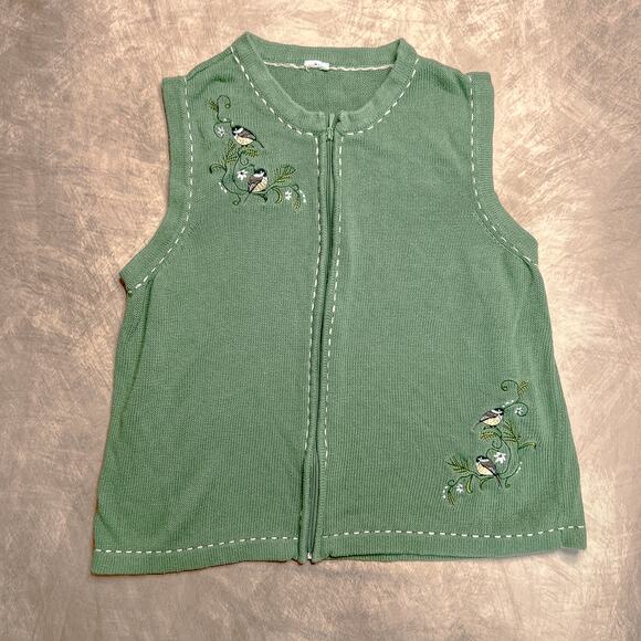 Vintage 90s Embroidered Chickadee Bird Sleeveless Sweater Vest Zip Up Green Knit - Picture 1 of 5